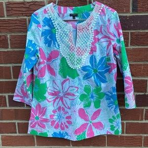 TALBOTS COTTON LACE BIB TUNIC TOP IN PINK ANGUILLA FLORAL SIZE MEDIUM